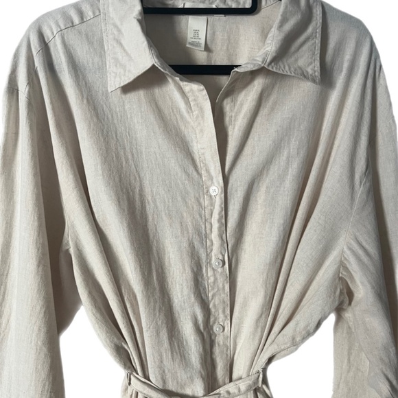H&M Linen Cotton Oatmeal button front shirt dress Utility minimalist - Picture 4 of 6